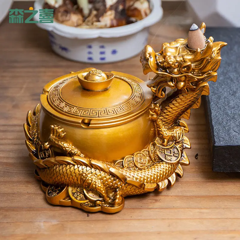 

Golden Dragon Pouring Incense Burner Antique Ashtray Desktop Decorations with Lid Ashtray Luxury Incense Burner Home Decoration