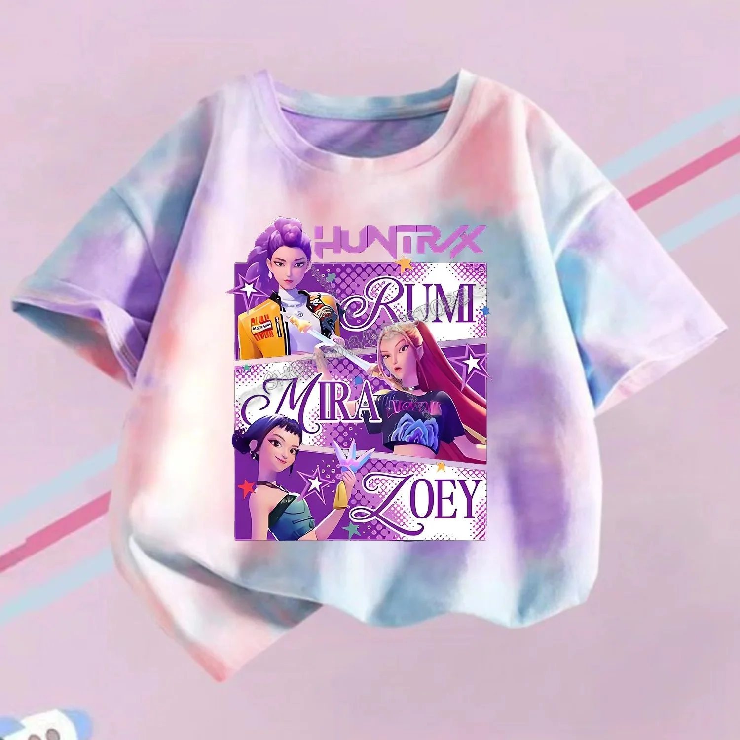 2026 kpop demon hunters camiseta crianças roxo tie-dye topo meninas o colarinho roupas de manga curta camiseta crianças roupas de verão presente