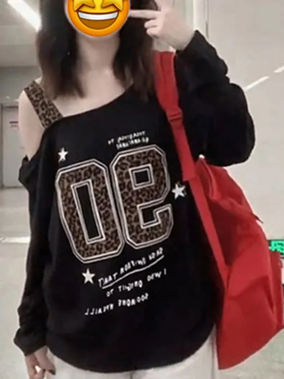 American Sle Leopard Print oulder Bared Long Sve T irt Women's Loose Slimming Spring Autumn New Faion Trendy Top