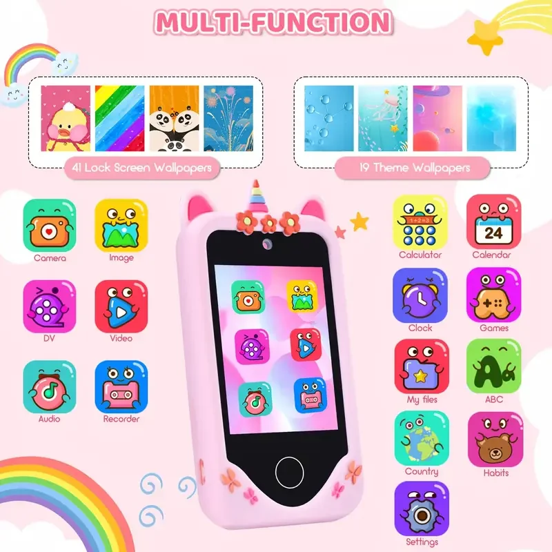 โทรศัพท์สำหรับเด็ก ใช้งานหน้าจอสัมผัส กล้อง 48MP รองรับการบันทึกวิดีโอความละเอียด 1080P HD มาพร้อมการ์ดหน่วยความจำ 64GB และเครื่องอ่านการ์ด