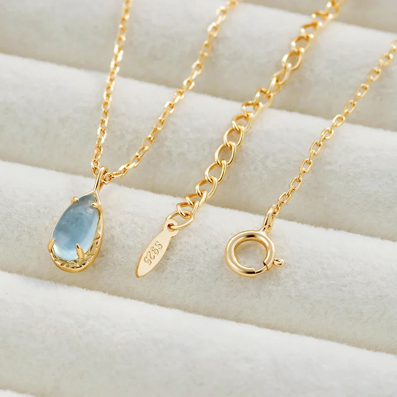 LAMOON Elegant Necklace Women Accessories Natural Aquamarine Gemstone 925 Sterling Silver Gold Plated Fine Jewelry Chain NI180