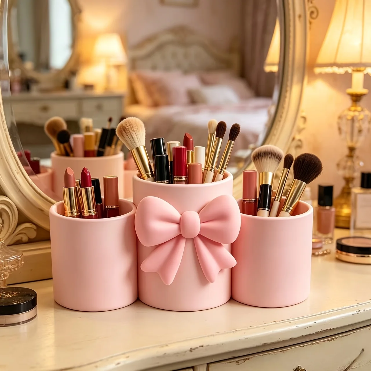 1 Piece of Pink Exquisite Bow-Shaped Storage Box, Sturdy and Durable, Suitable for Storing Stationery, Makeup Brushes, Toothbrushes, and Tooth Storage. Exquisite Desktop Decoration, Suitable for Living Room, Bedroom, D