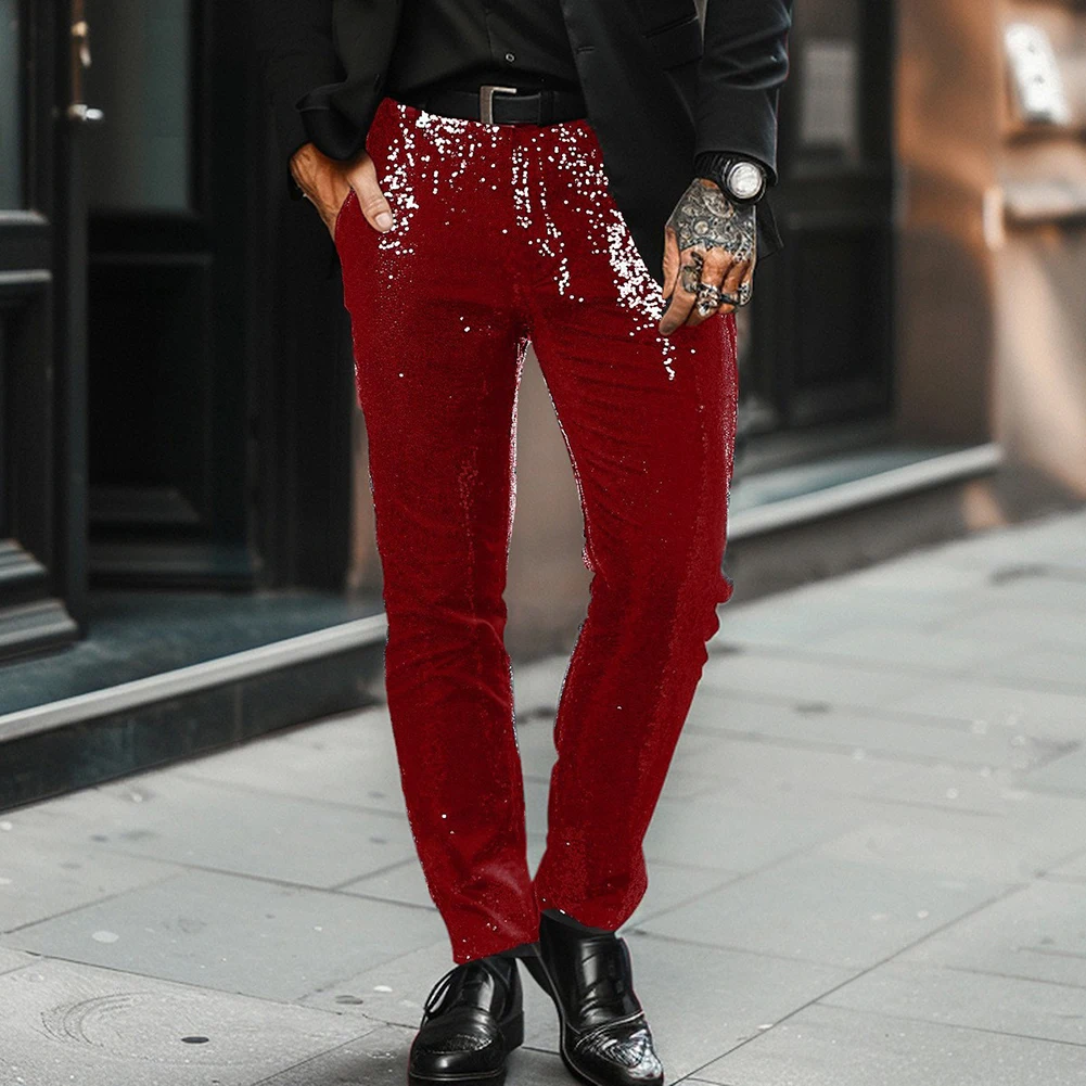 2025 New Men Solid Color Draped Pleated High Waist Loose Fit Straight Suit Sequins Casual Pants Fashion Shiny Street Trousers