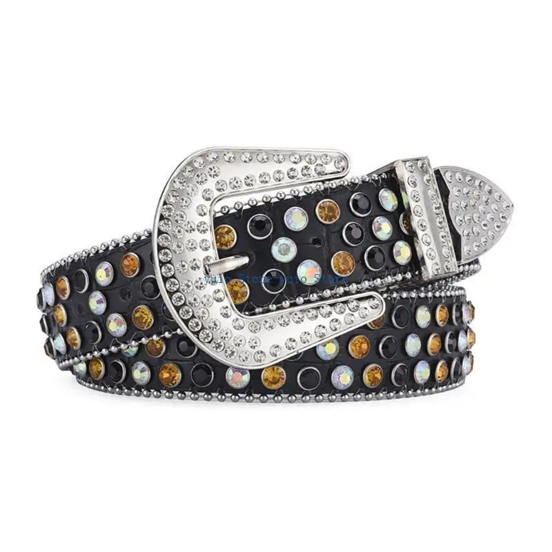 

X7XB Spring Summer Cowboy Bling Bling Rhinestones Belt Full Diamond Belt for Adult