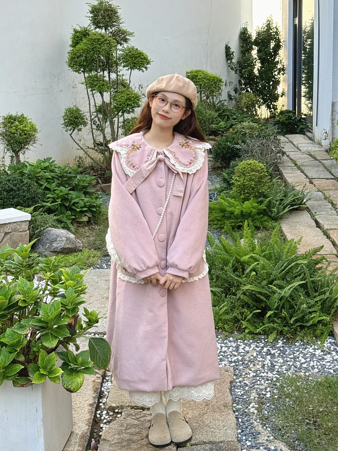 森ガールズ スイートロリータ ピンク ロングウールジャケット 秋冬新作 日本のかわいい女の子 スイート刺繍シングルブレストオーバーコート