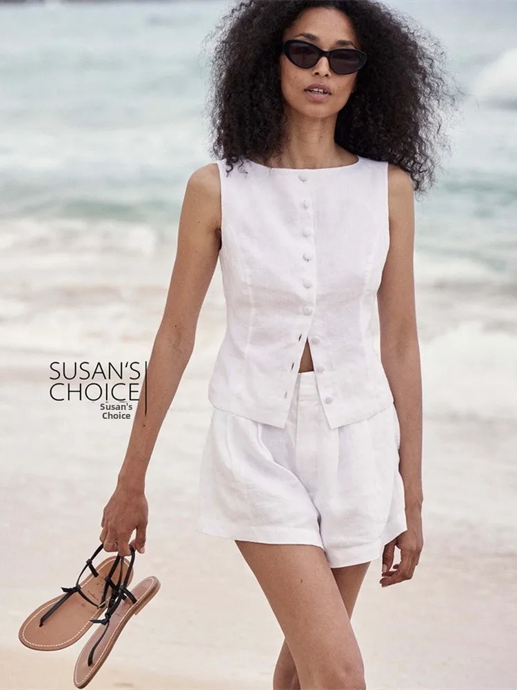 Susan High Waist Linen orts Women's Casual Straight Leg Pants Summer 2025 Commute Sle Simple Ele Slimming White