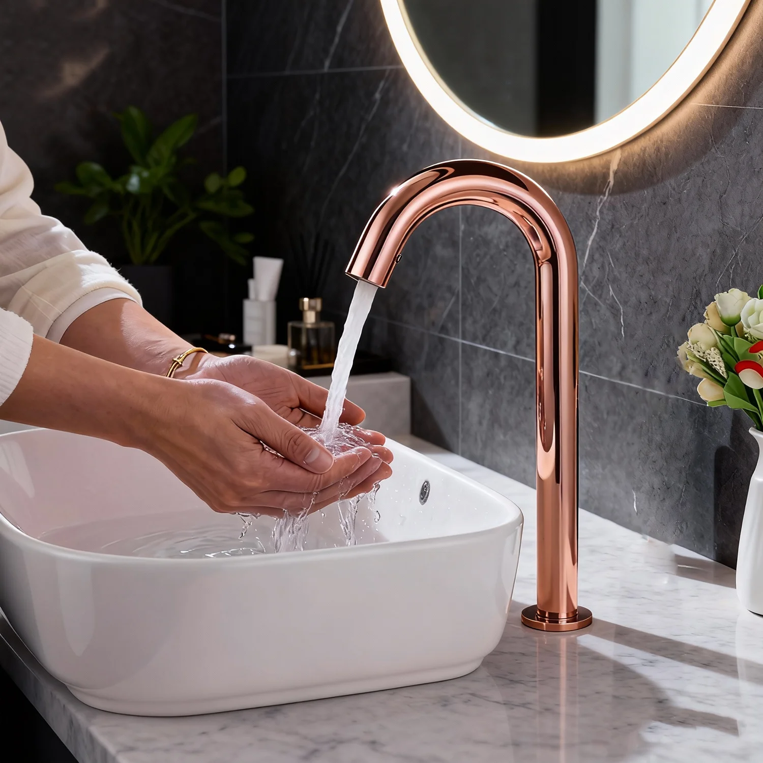 SINLAKU Rose Gold Touchless Sensor Bathroom Sink Faucet  Hands-Free Vessel Tap with High Arc Spout Bathroom Mixer Taps 33cm
