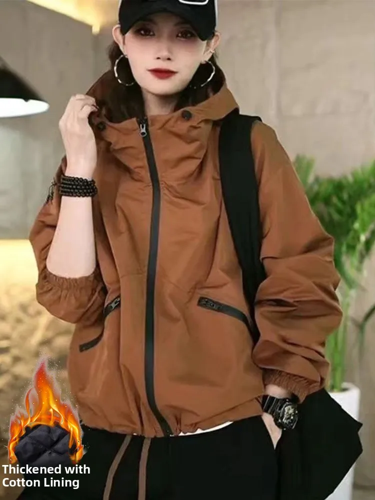 

Thiened Хлопковое Jaet American Sle Женское весенне-осеннее рабочее пальто с капюшоном Повседневное свободное пальто для поездок на работу или длины