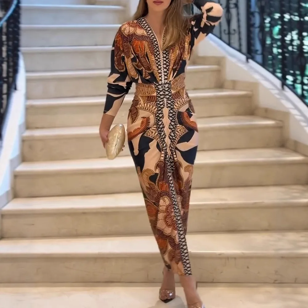 Femmes été Vintage Baroque à manches longues plongeant col en V robe moulante Sexy coupe ajustée robe Maxi