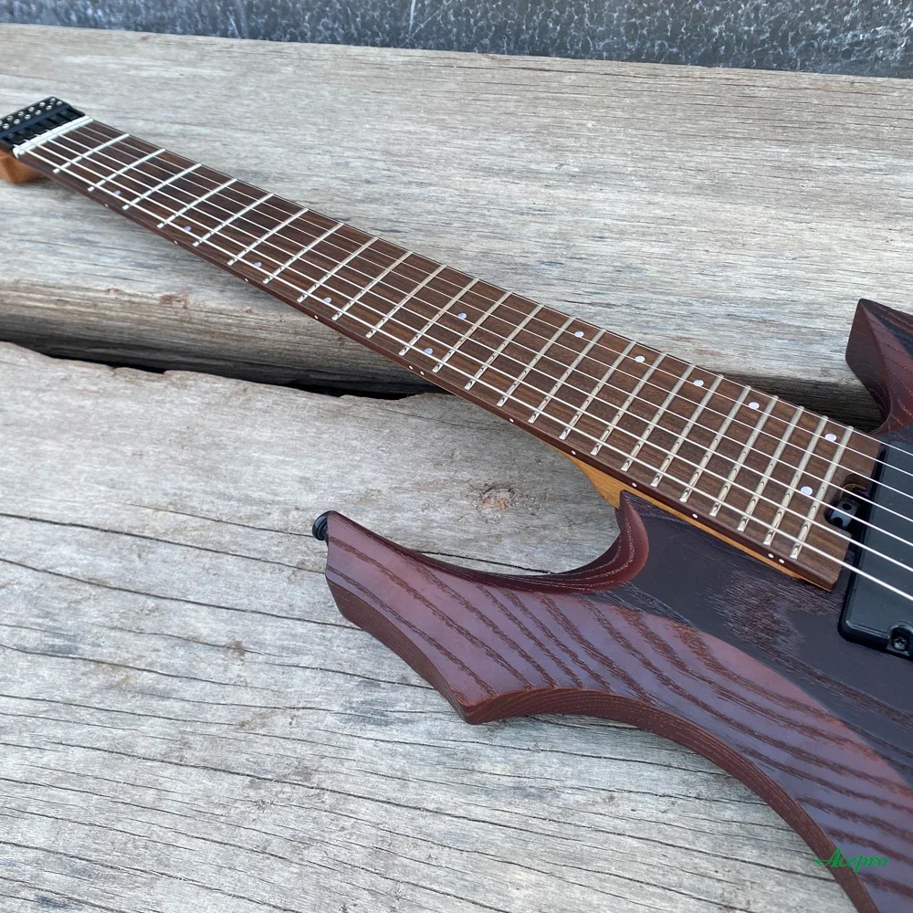 7 String Headless Electric Guitar 9 Piece Roasted Maple Neck Fanned Frets Active Pickup Brown Ash Body Guitarra