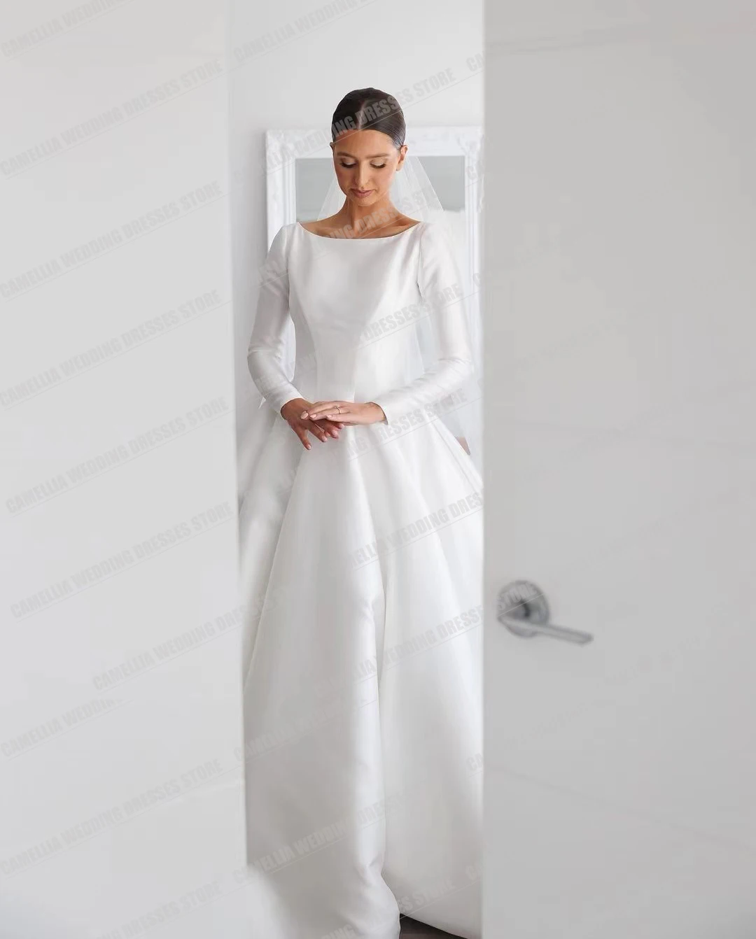 Exquisitos Vestidos de novia de línea A Para Mujer, cuello redondo, Sexy, manga larga, satén Formal, Vestidos de novia de fiesta Para Mujer