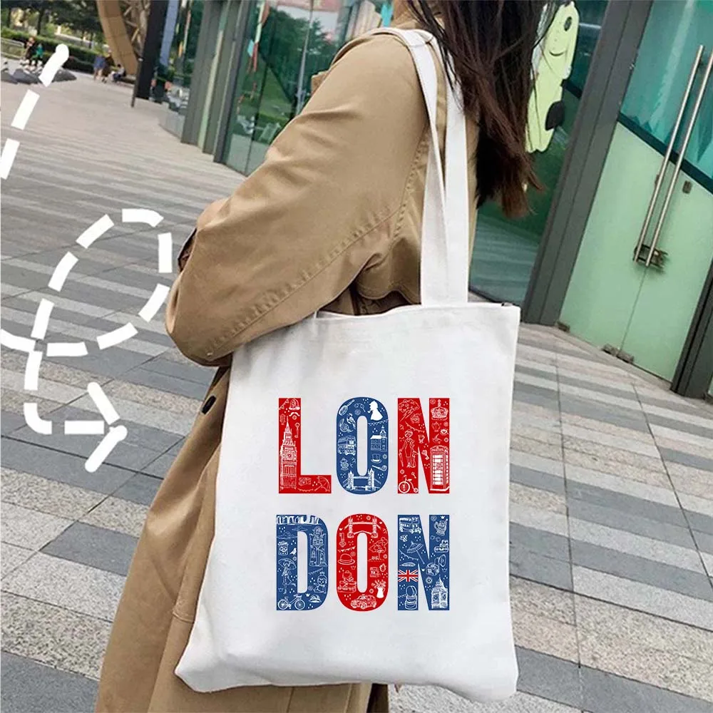 United Kingdom London England Flag Map Shopper Canvas Tote Bag Vintage Bus Big Ben Bridge Phone Booth Trip Travel Cotton Handbag