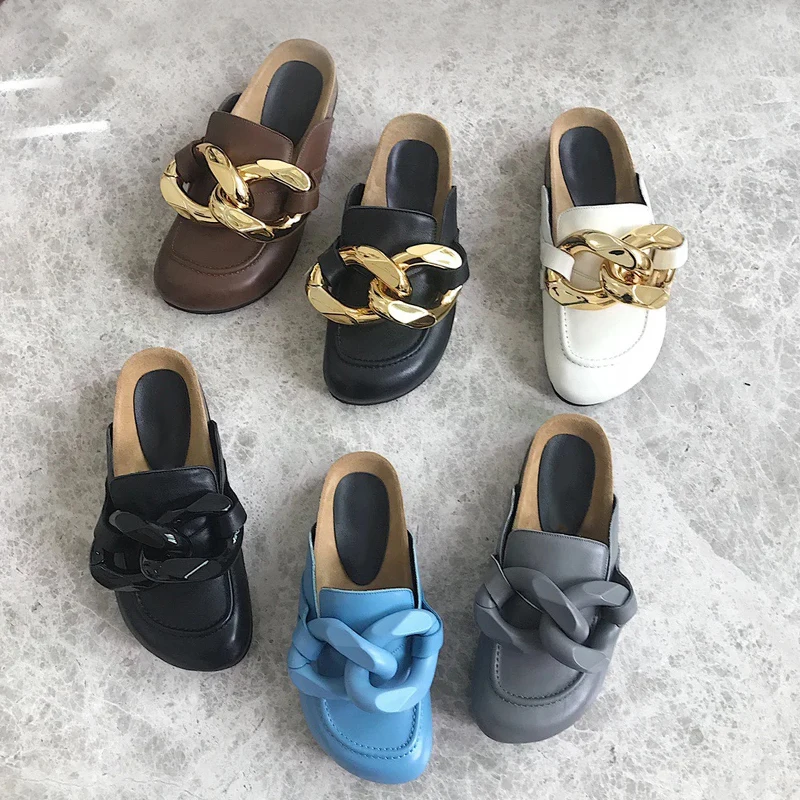 

Spring Summer New Sle JW Aige Head Cover f Slippers Women Outdoor Wear Gold Chain Flat Bot Mules Lazy oes