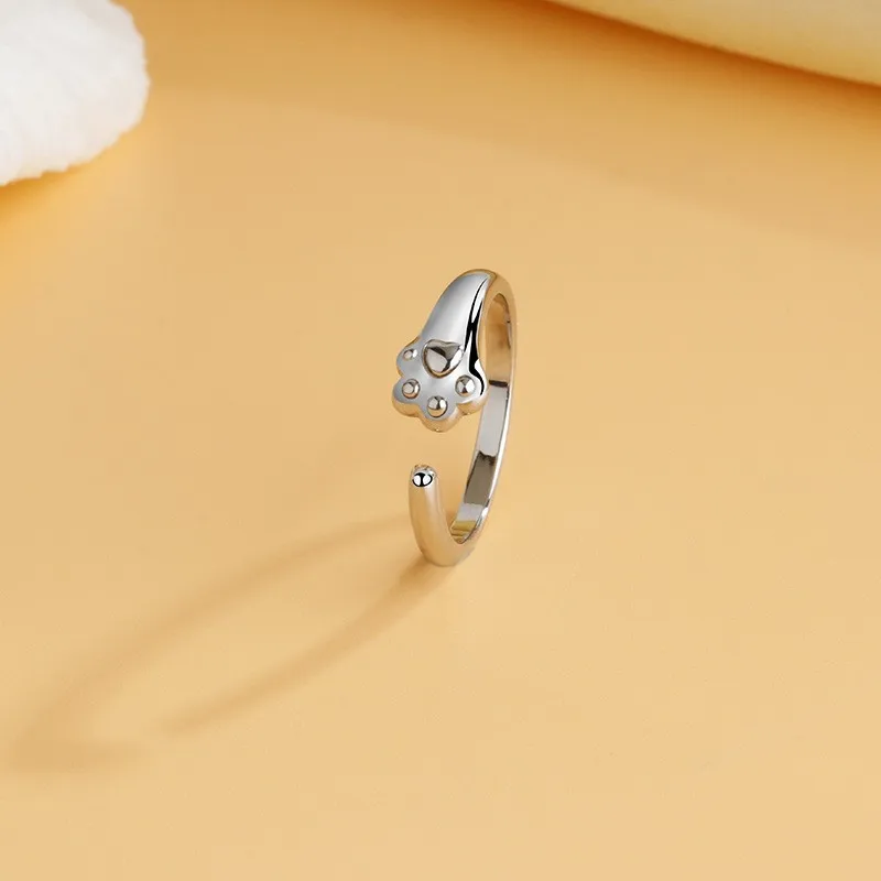 NEW European S925 Sterling Smooth Silver Cat Paw Print Couple Ring Adjustable For Women Men Birthday Party Wedding Gift Jewelry