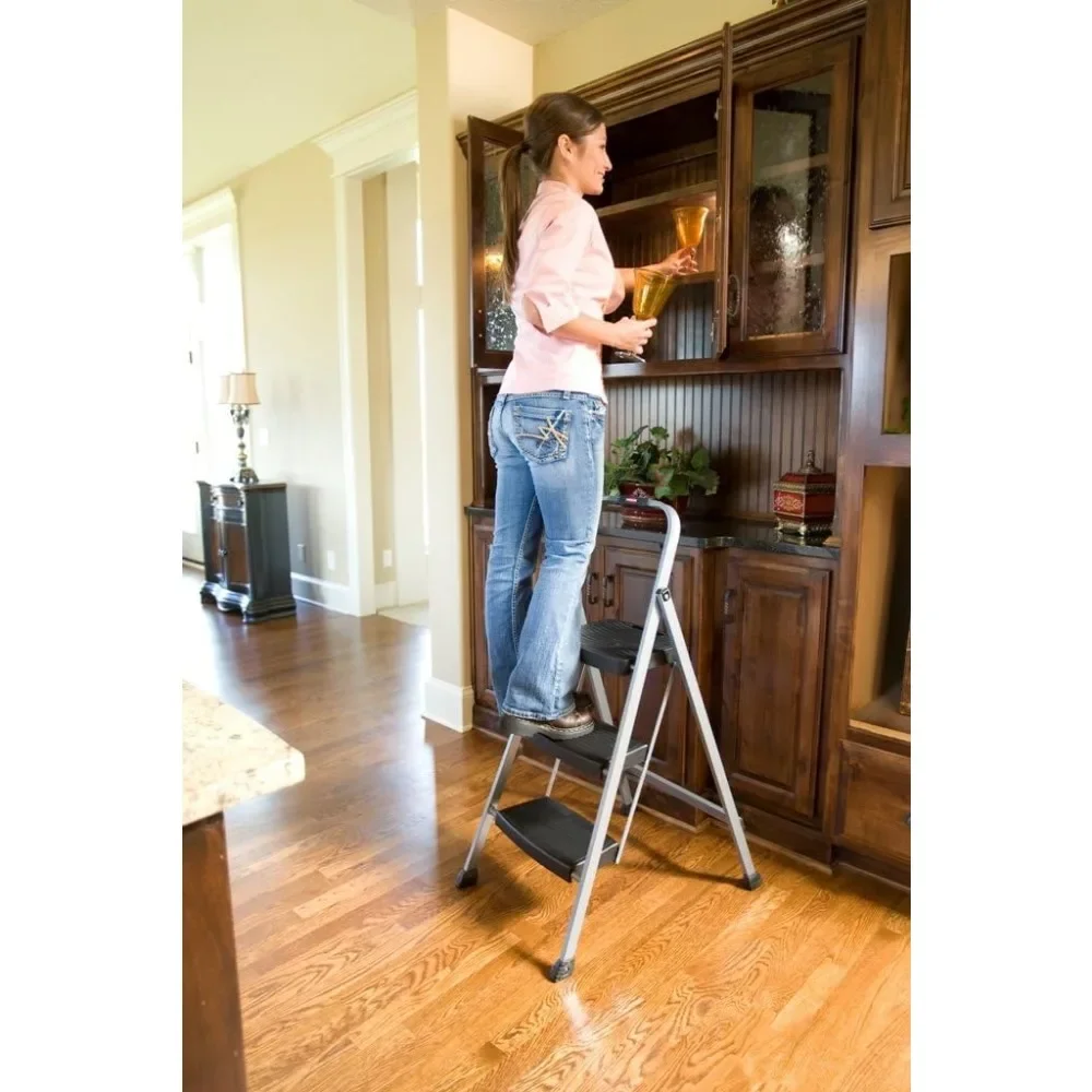 3-Step Steel Ladder,Folding Step Stool with Hand Grip and Non-Slip Feet, Silver, No Assembly Required