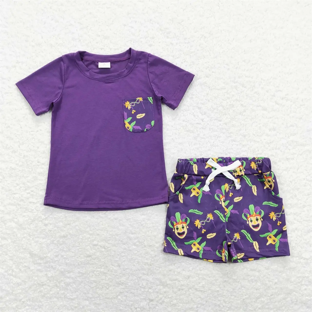 

Wholesale Toddler Baby Boy Mardi Gras Sets Kids Short Sleeves Cotton Purple T-shirts Tee Children Pocket Shorts Outfit Clothing