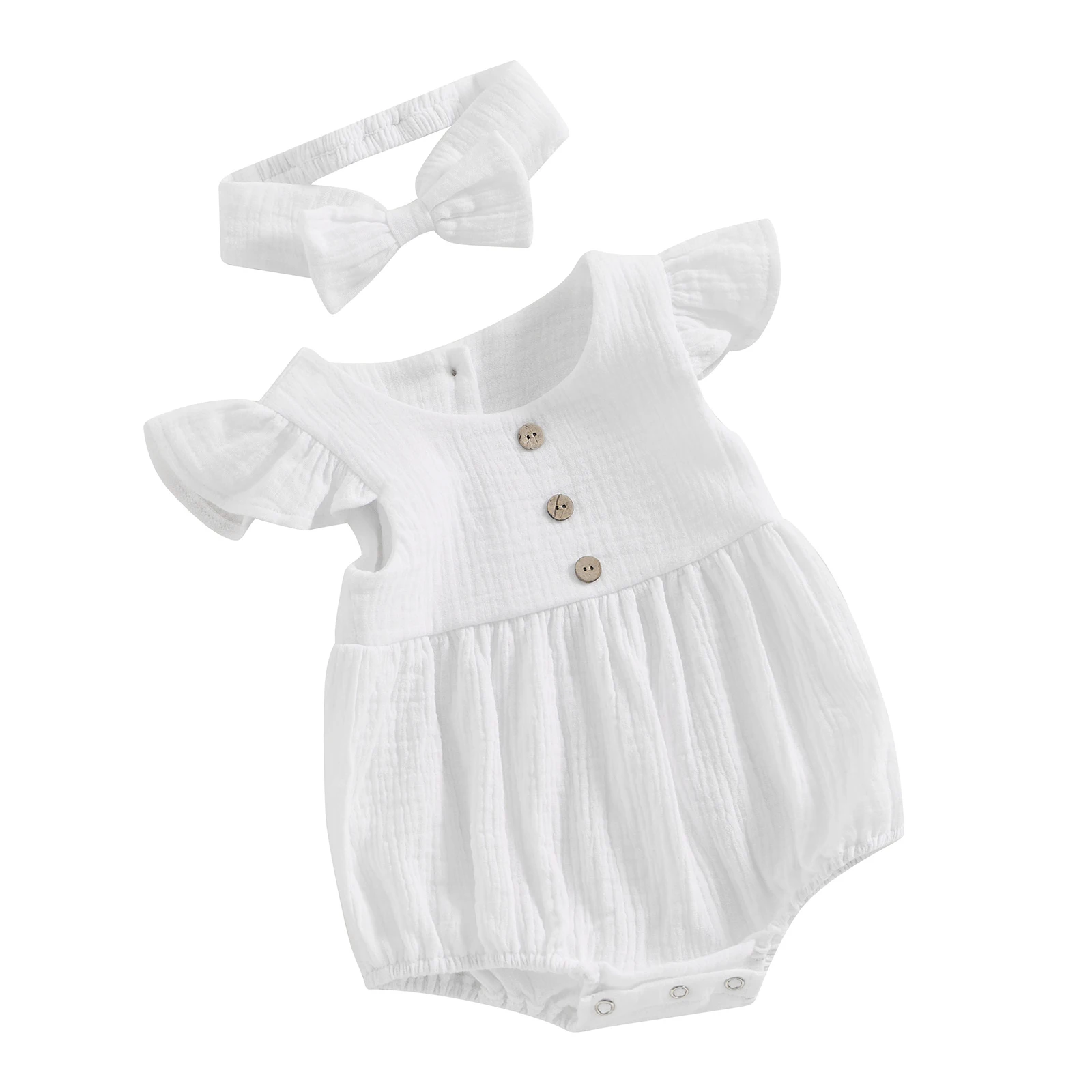 Newborn Baby Girl Cotton Linen Romper Round Neck Fly Sleeve Bodysuit Jumpsuit with Bow Headband Infant Summer Outfits