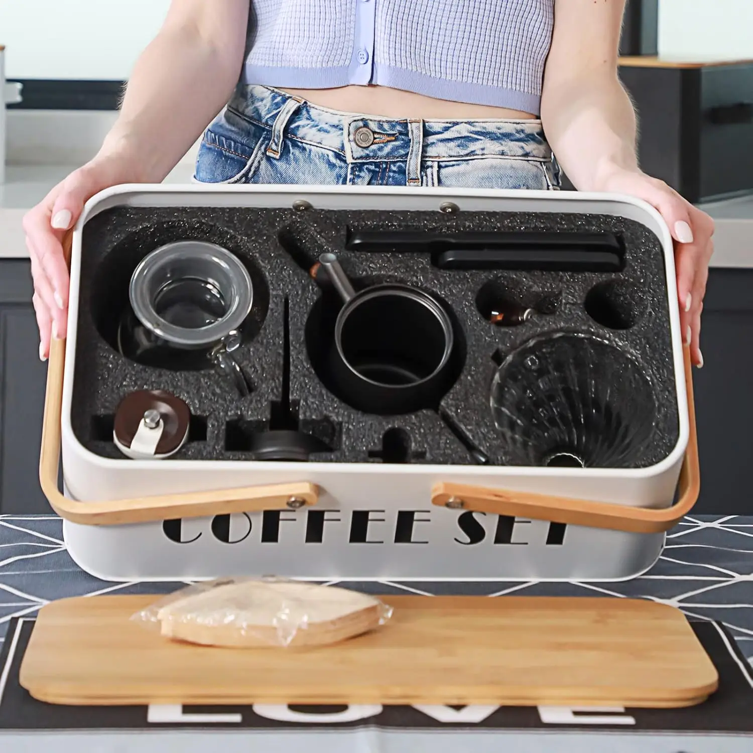 Übergießen Sie Kaffeemaschinen-Set, Kaffeekessel, Waage, Server, Tropfbecher, Bohnenmühle, Filterpapier, Keramiktasse, ALLE in 1, toller tragbar