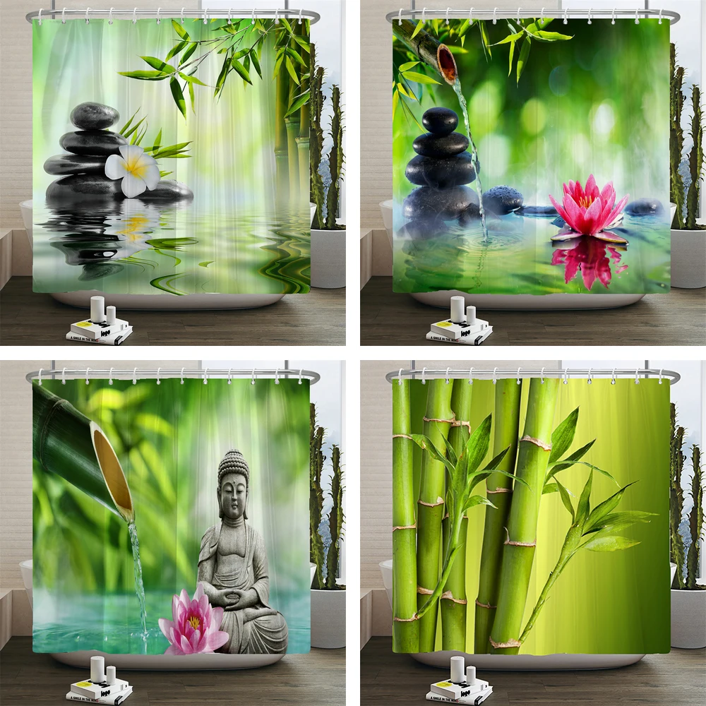 Zen tenda da doccia decorazione del bagno 3D bambù acqua corrente verde bambù Buddha tende da doccia schermo lavabile impermeabile