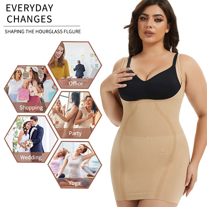 Plus Size Underbust Slip for Women Stripped Shapewear Dress Slimming Tummy Control Full Body Shaper Adjustable Strap Butt Lifter