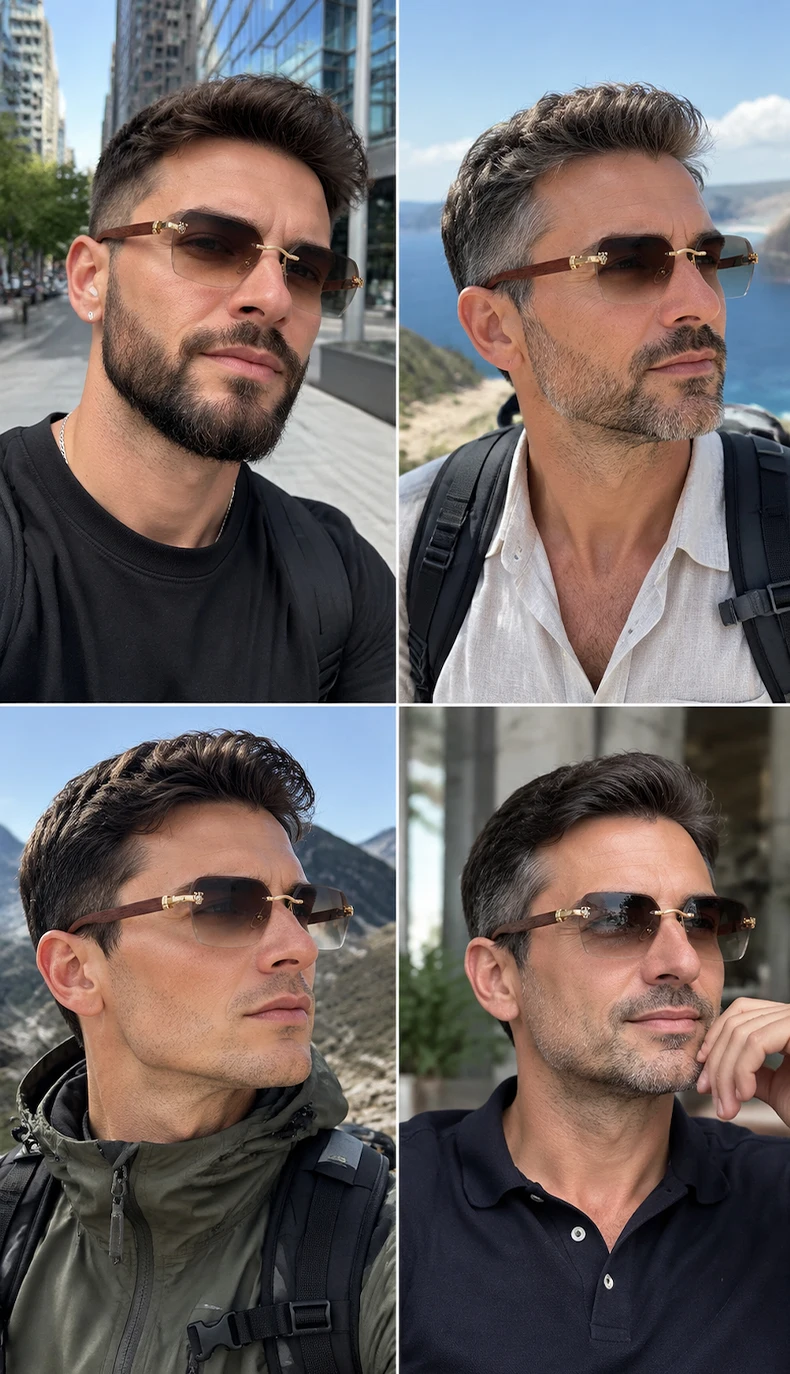 Quadratische Randlose Photochrome Sonnenbrille für Herren Vintage Sonnenbrillen 2026 Luxus Designer Shades Herren Geschnittene Gläser Rahmenlose Brillen – Detail 10