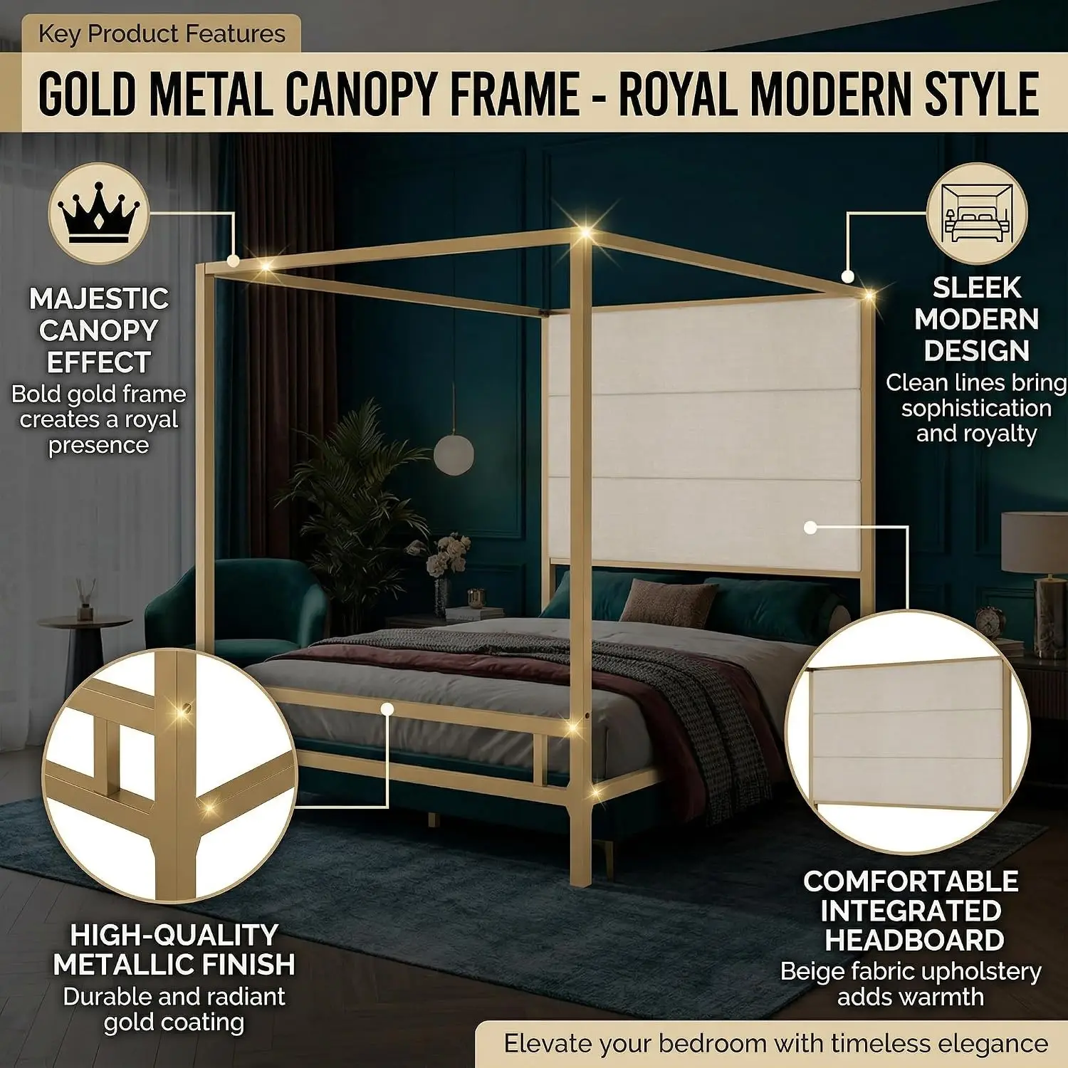 Queen Canopy Bed Frame with Linen Headboard & 4-Poster Metal Frame, Customized - view 5