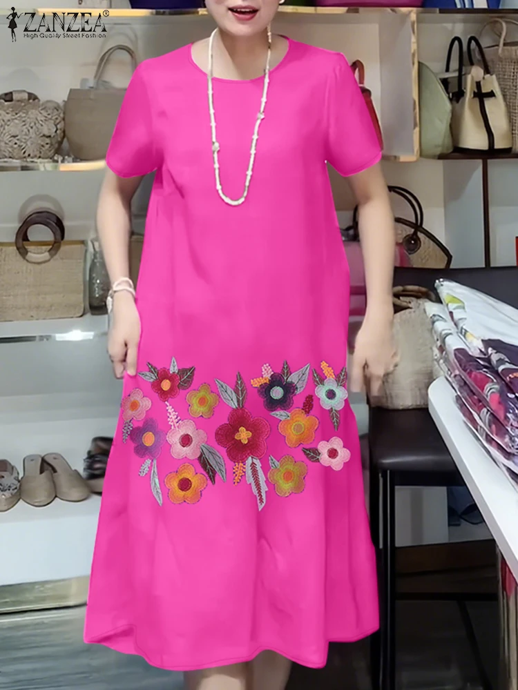 ZANZEA Sommer Floral Stickerei A-line Roben Femme Oansatz Frau Kurzarm Casual Vestidos Mujer Pendeln Knie-Länge Kleider
