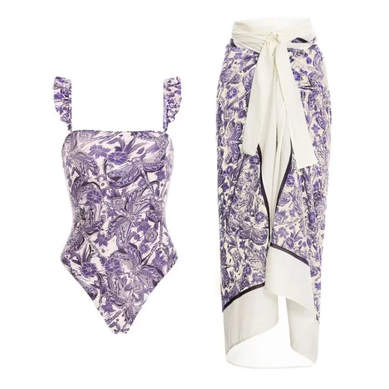 One Piece Swimsuit For Women European And American Swimsuit Mini Lotus Leaf Edge Purple Dragonfly Print One-piece Swimsuit Suit