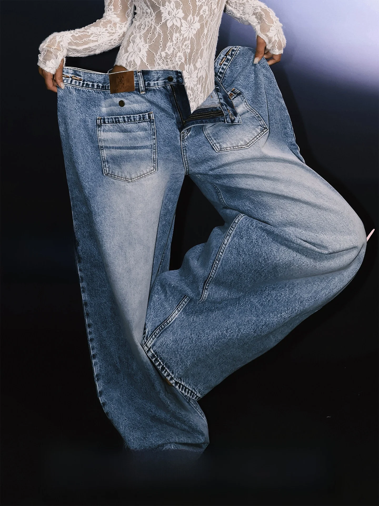 Low Waist Asymmetric Design Women's Jeans Cool Denim Free Style Wide Leg Pants Non Standard Cotton Stretchy Summer Fashion