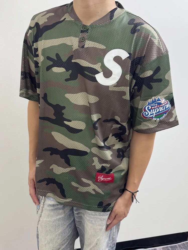 25fw S Logo Baseball Henley Mesh Hollow out Short Sleeve T-Shirt Breathable Sweat Absorbent Casual Style Polyester Fiber