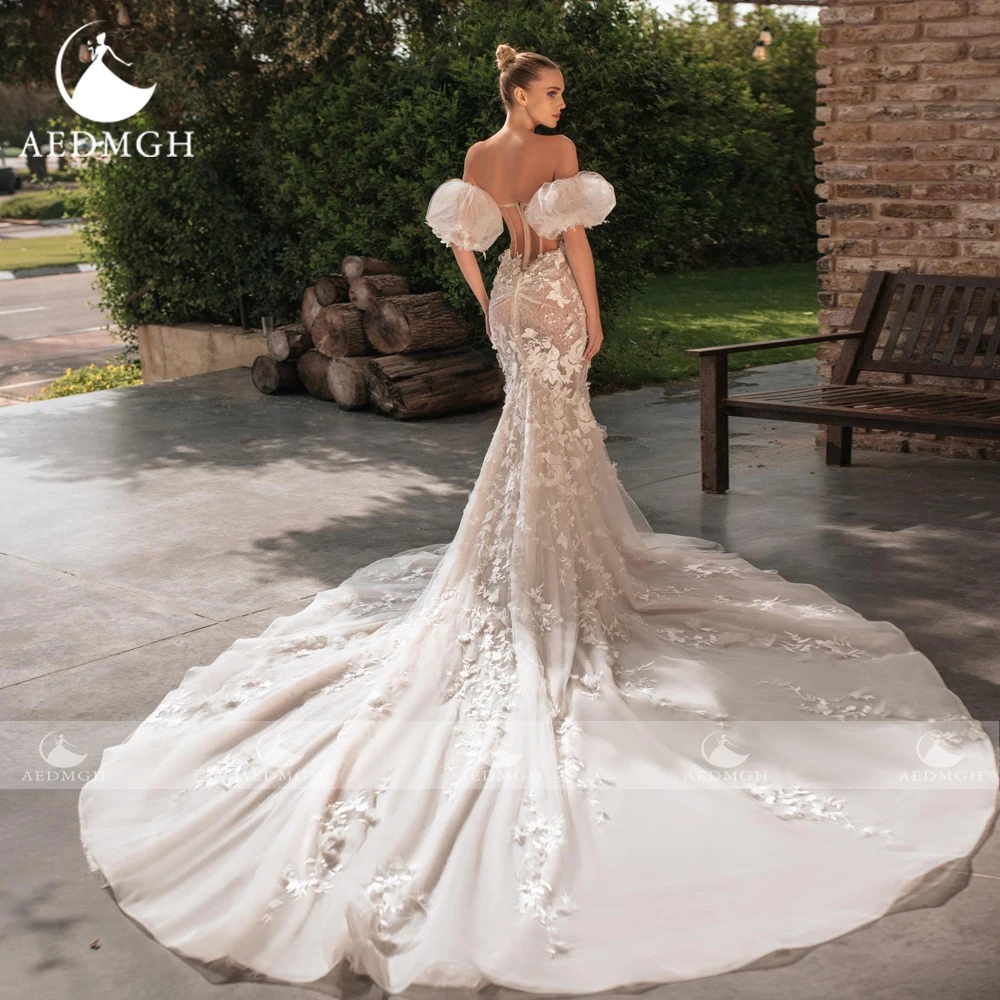 Aedmgh Mermaid Elegant Wedding Dresses Strapless Detachable Sleeve Vestido De Novia Lace Appliques Custom Made Bridal Gown