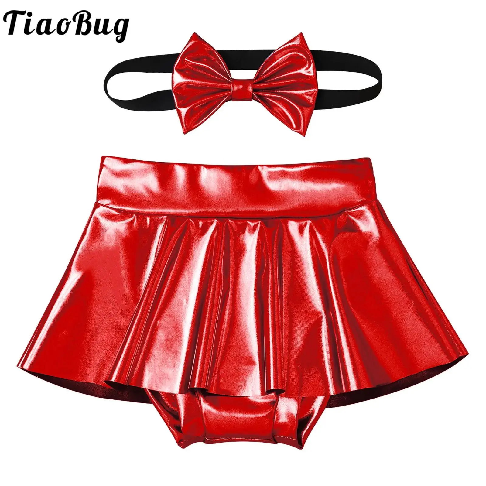 

Baby Girls Clothing Gloss Metallic PU Miniskirts Diaper Cover Skirt with Bow Headband Banquet Birthday Party Photography Clothes