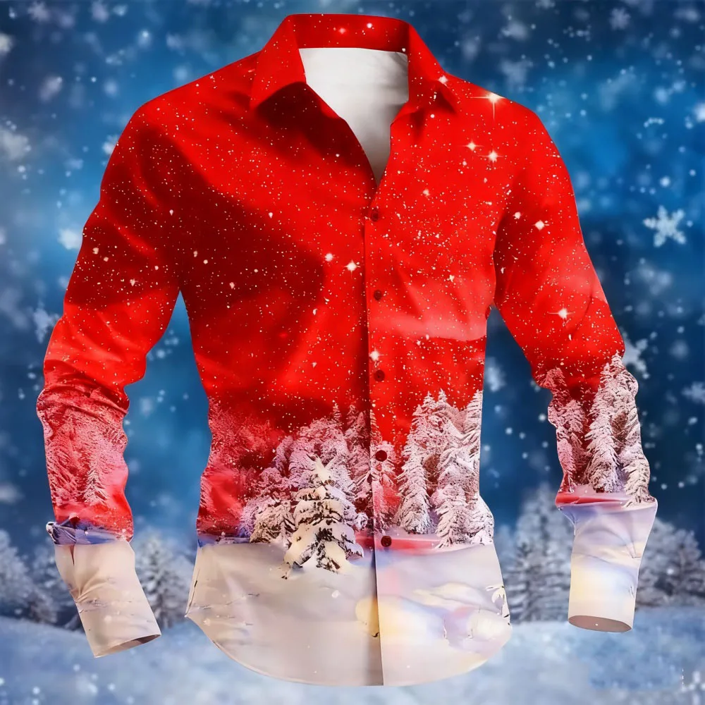 

New 2025 Christmas Men's Printed Shirt, featuring a Christmas snowflake pattern, casual and stylish lapel button-down long-sleev