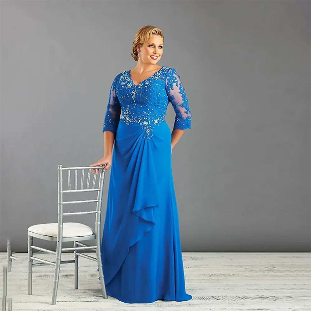 

Blue Elegant Mother of The Bride Dresses Customized V-Neck 3/4 Sleeves Lace Beaded A Line Wedding Guest Party Formal Gowns
