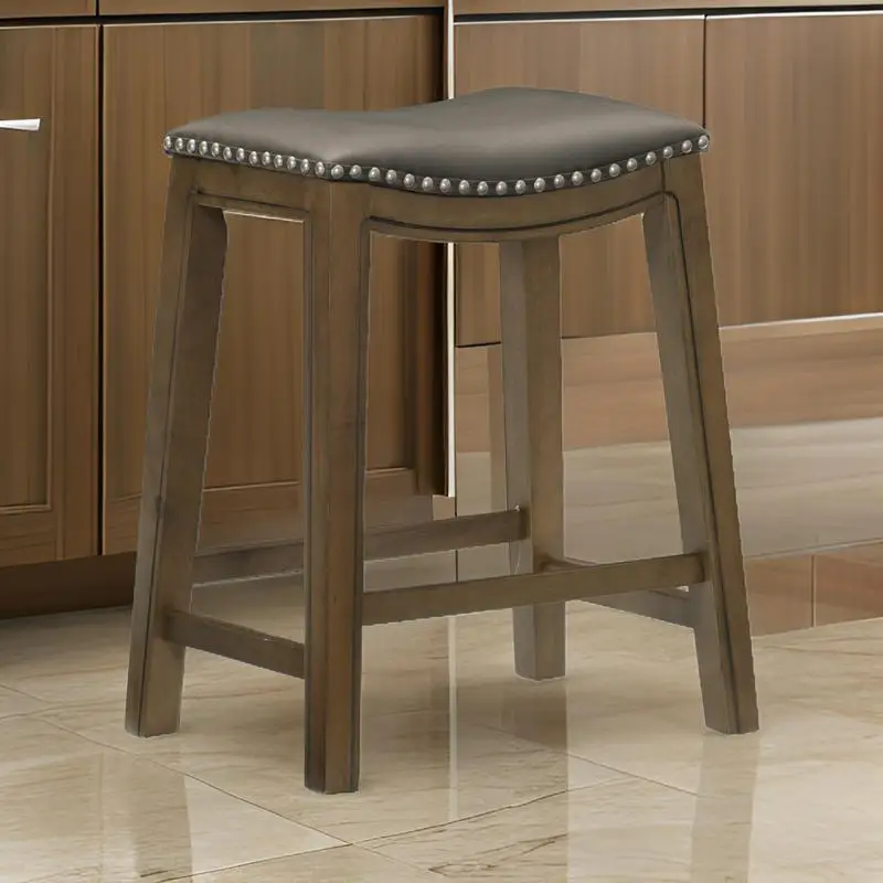 

26" Counter Height Stool, Gray Faux Leather Seat, Brown Solid Wood Frame, Stylish & Durable Design for Kitchen or Bar,