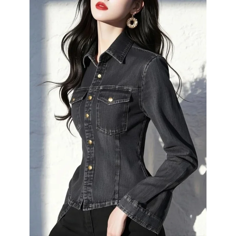 Outono e inverno popular deste ano estilo hong kong estilo retro preto denim fino ajuste camisa todos os jogos topo para mulher