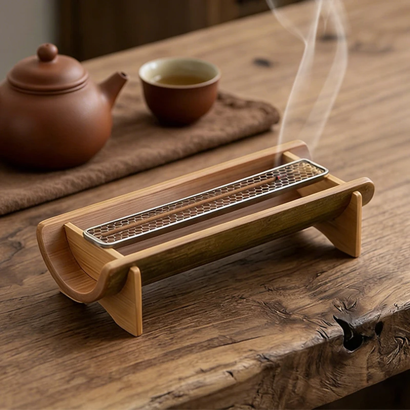 Brûleur d'encens en bambou naturel, porte-encens en métal avec attrape-cendres en bambou pour la décoration de la maison, le yoga et la méditation