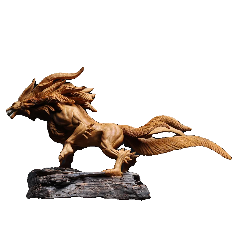 Fine carving handmade three-tailed white tiger ornaments, home office decorations, solid wood handicrafts