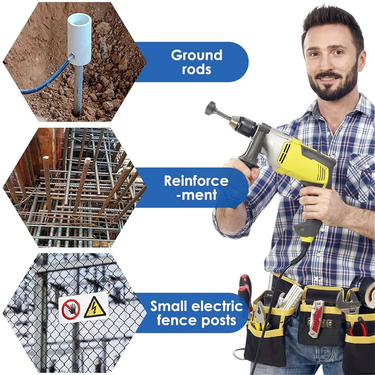 Chave de haste de aterramento SDS Plus, chave de broca de aço forjado resistente, chave de haste de aterramento de broca de martelo rotativo