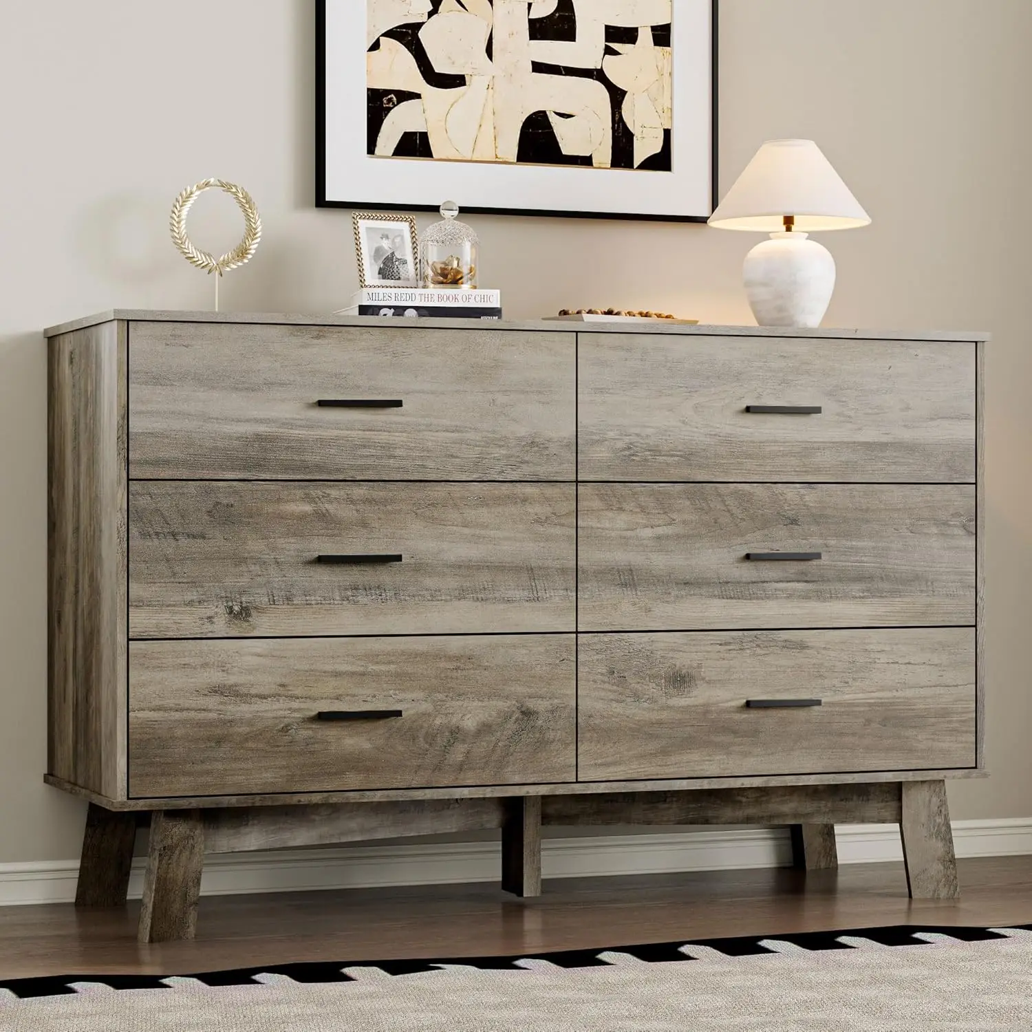 Modern 6-Drawer Dresser with Metal Handles, X-Base & Adjustable Leg, Anti-Tip Bedroom Storage, 47.2