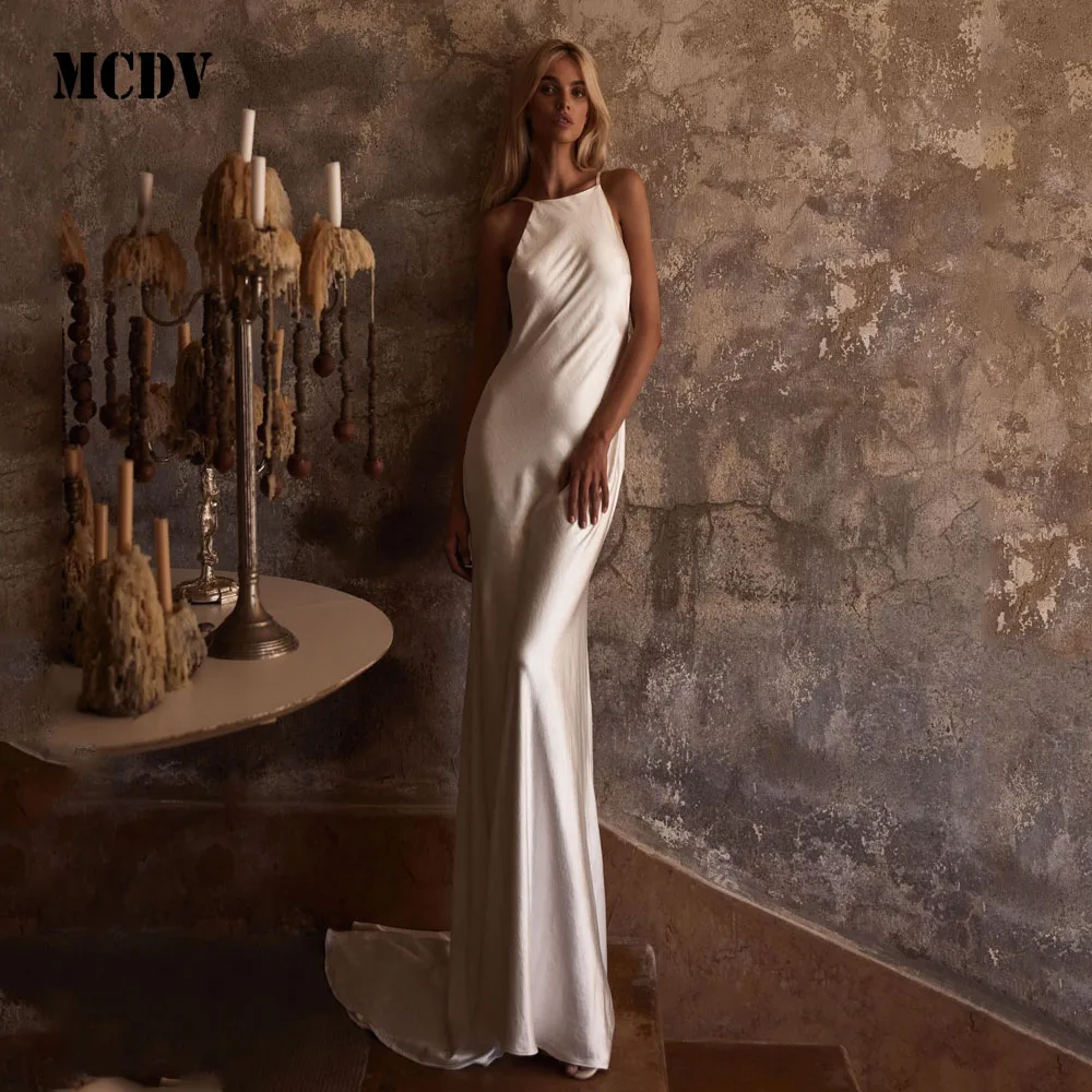 

MCDV Sexy Backless Wedding Dresses For Women Spaghetti Straps Mermaid Satin Classic Bride Gowns vestidos de novia Customized
