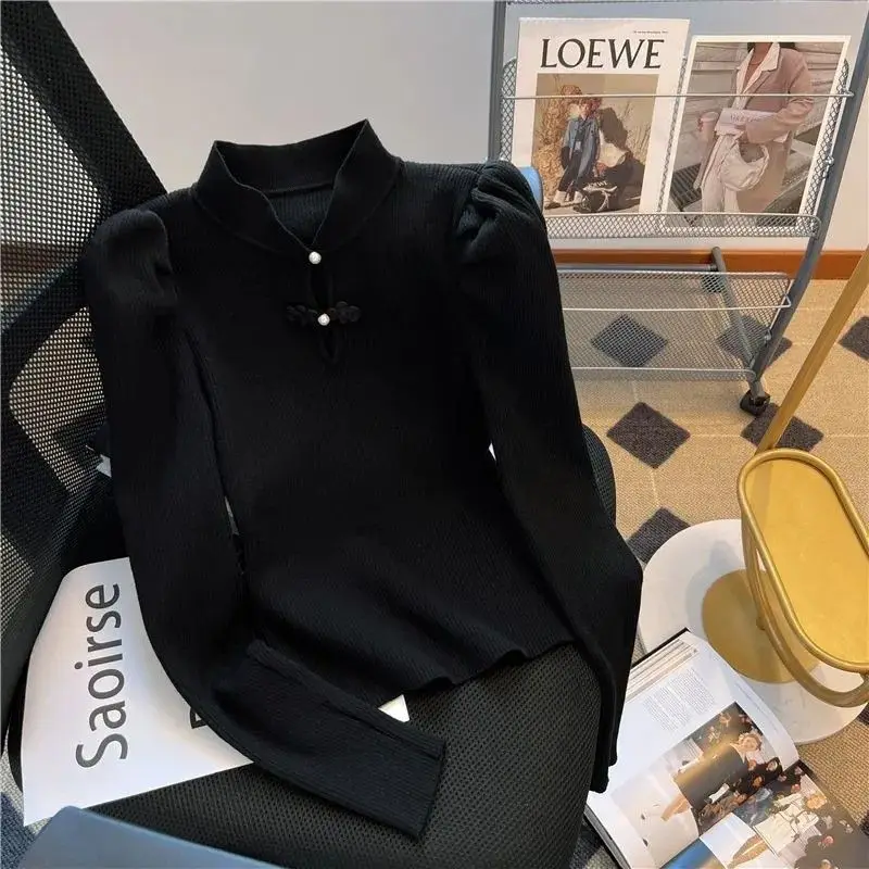 2023 Autumn Winter New Solid Color Fashion Stand Collar Pullovers Women High Street Slim Screw Thread Hollow Out All-match Tops