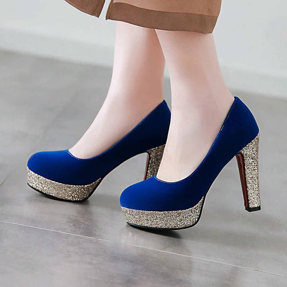 New Women Platform Pumps 12cm High Chunky Heels Sequined Round Toe Wedding Party Dress Shoe Gold Ankle Strap Ladies Danc Shoes