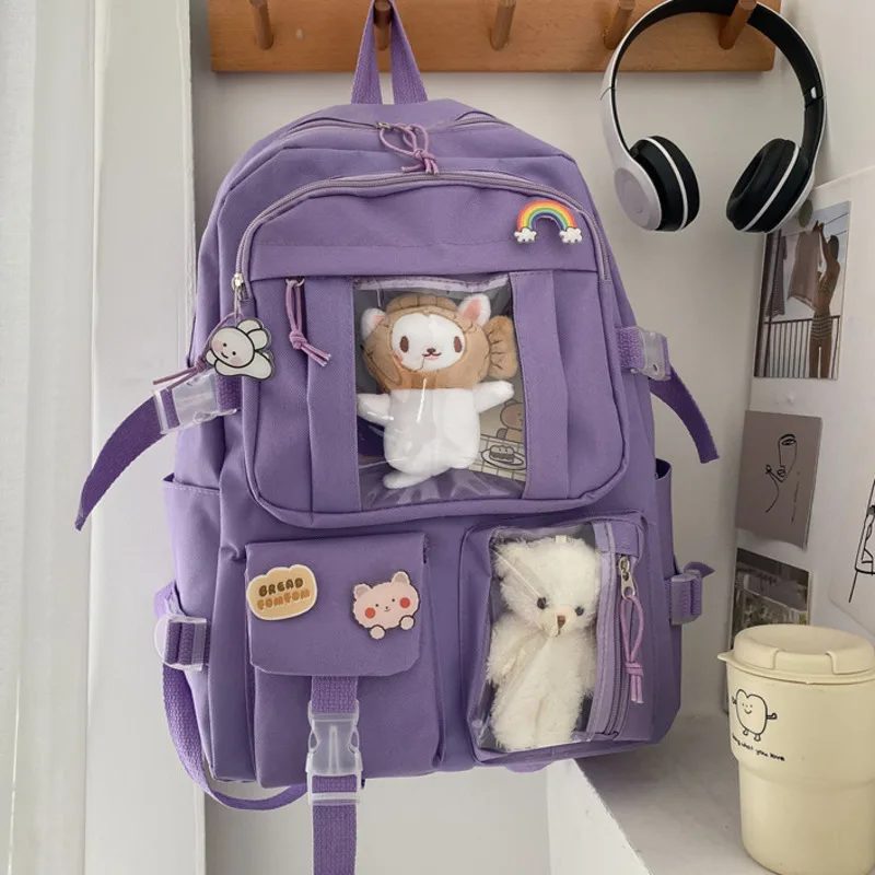 Teddy Bear Badge Backpack Korean Japanese  Chic Ins Junior High School Student Bag Girl Backpack Large Capacity Student Backpack