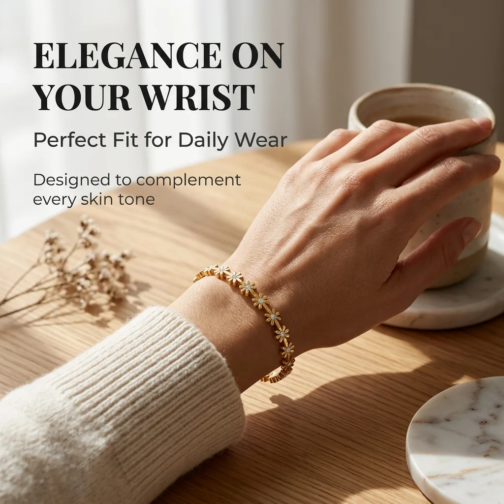 JP One Gold Color Snap-on Flower Bangle, Stainless Steel Zircon Bracelet for Women, Fashion Jewelry Gift 60mm