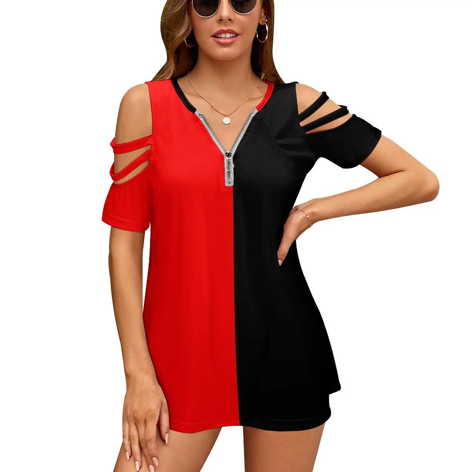 Half Zwart Half Rood Minirok Nieuwe Mode Zip Off Schouder Top Korte Mouwen Dames Shirt Half Rood Half Zwart Zwart Halves 50