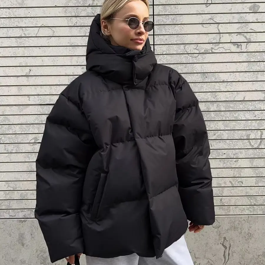 Simple Hooded Causal Long Bubble Puffer Jacket Woman Winter Warm Thick Long Coat Stand Collar High Street Hip Hop Outwear