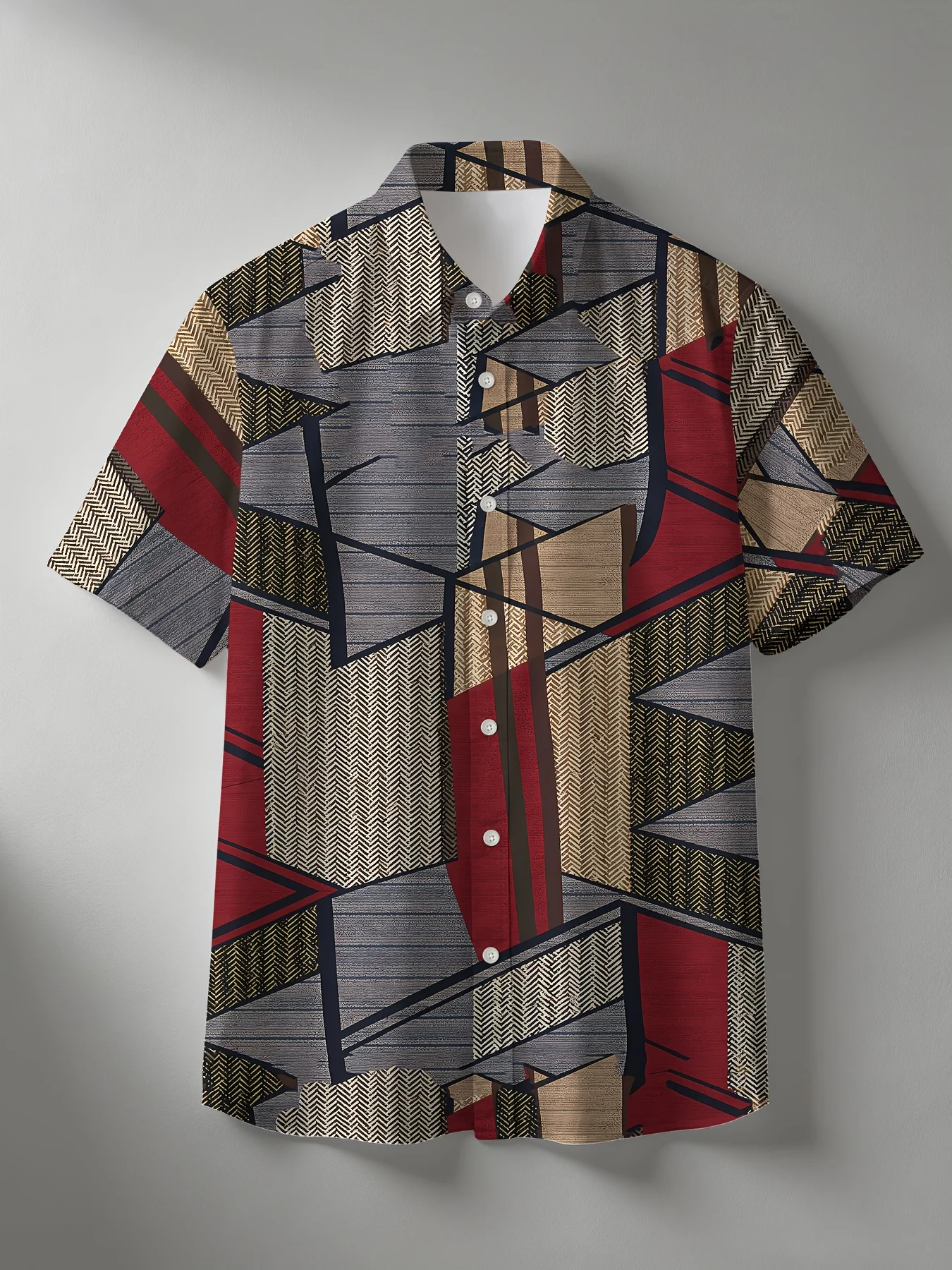 Vintage Shirts Red Gray Khaki Textured Geometric Block Splice Printed Loose Casual Short Sleeve Lapel Tops Men Clothes