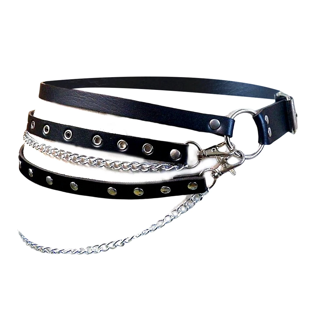 Women Punk Waist Chain Gothic Style Metal Circle Ring Multi-layer Leather Black Waistband Adjustable Jeans Belt