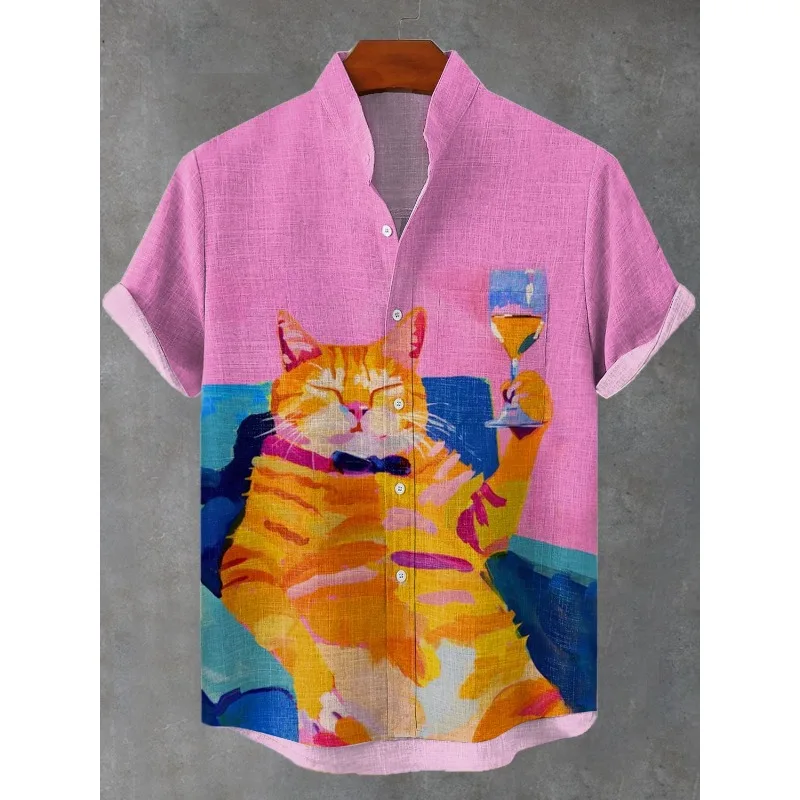 

Colorful Bulldog Print Short Sleeve Shirt Cool Cople Pop Style Blouses Summer Cute Cats Stand Collar Shirts Men Hawaiian Top